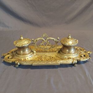 Antique 14" Victorian Austrian Gilt Bronze Double Inkwell Desk Set